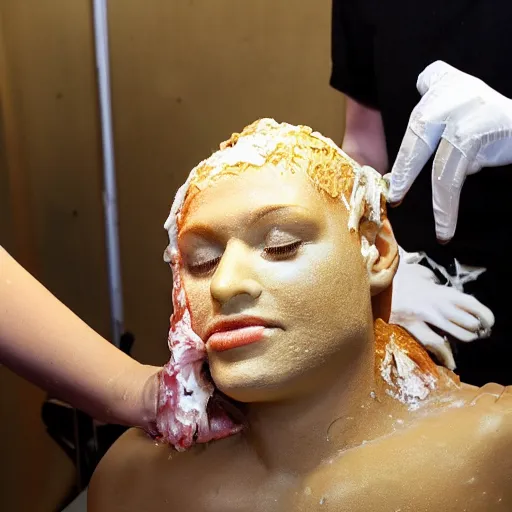 a live wax figure melting while trying to put itself