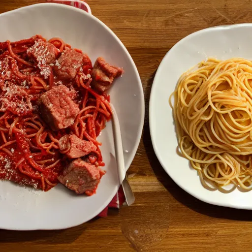 Image similar to spaghetti and meat cubes