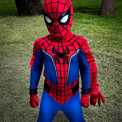 Image similar to four year old boy dressed as spider - man, fighting crime, outdoor, photorealistic,