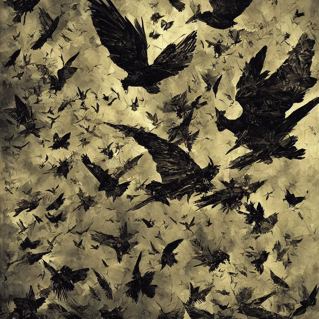 Image similar to digital birds fly over a progressively rasterized, oil on canvas by dave mckean and ivan shishkin