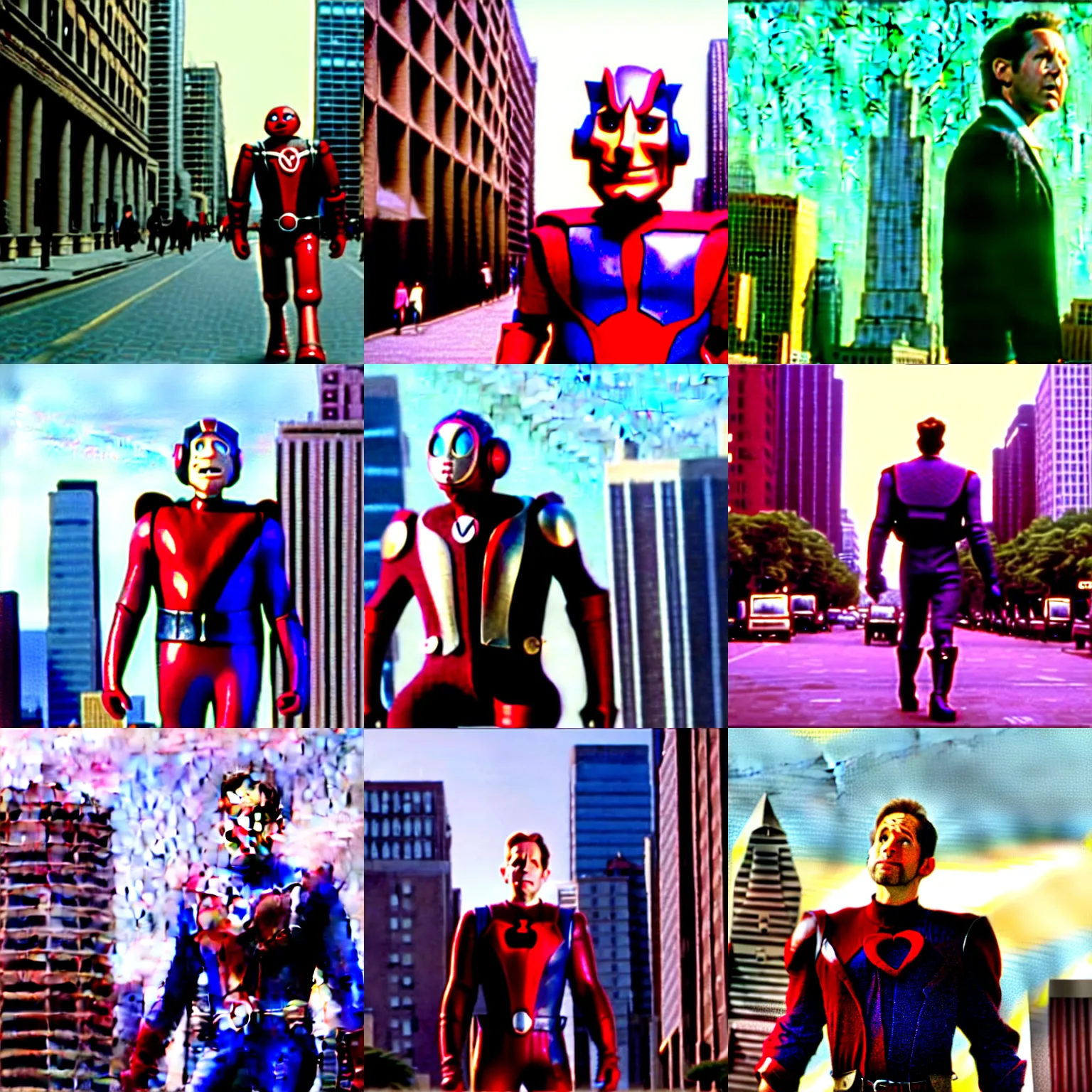 Prompt: giant scott lang walks through a city, film still