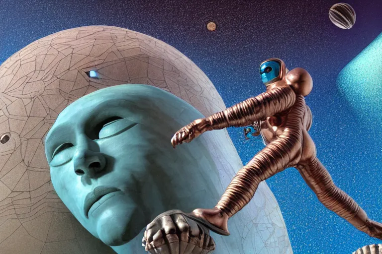 Image similar to the last astronaut looking at the colossus statue on Neptune, style hybrid mix of Jirí Petr+Romi Lerda+ Sandra Pelser,Yves Tanguy+ Alphonse Mucha+ Ernst Haeckel+ Edward Robert Hughes+Stanisław Szukalski , moody colors,diamond dust glitter and sparkles, holographic krypton ion,red eyes,octane render,4k, ighly detailed, hyperrealism, excellent composition, cinematic concept art, dramatic lighting, trending on ArtStation