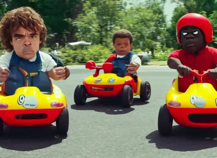 Image similar to peter dinklage racing gary coleman driving a little tikes cars, movie still, from the new fast and furious movie, 8 k, realistic