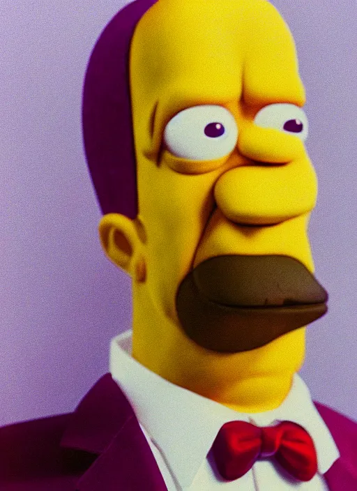 Prompt: platon closeup photograph of homer simpson in a purple suit, photorealistic, studio lighting, ektachrome, detailed, intricate, face detail