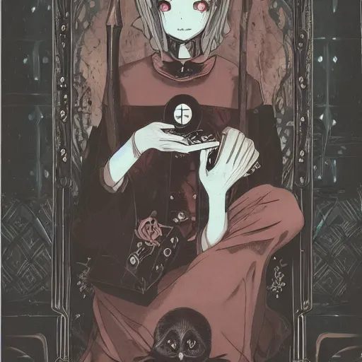 Image similar to precisely drawn illustration of anime wednesday addams, old-fashioned tarot card, victorian playing card, sepia tone, wide angle, sharp, fine details, anime, manga, cyberpunk, realistic shaded lighting by katsuhiro otomo ghost-in-the-shell, magali villeneuve, artgerm, rutkowski Jeremy Lipkin and Giuseppe Dangelico Pino and Michael Garmash and Rob Rey