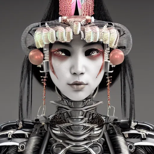 Prompt: japanese cyborg geishas in a ceremony with extremely detailed headdress, inspired by die antwoord beautiful, hand painted textures, cloth physics, deviantart, karol bak, masamune shirow, black and white, beautiful lighting, photorealistic, concept art, perfect render, 3 d render, pixar, 8 k