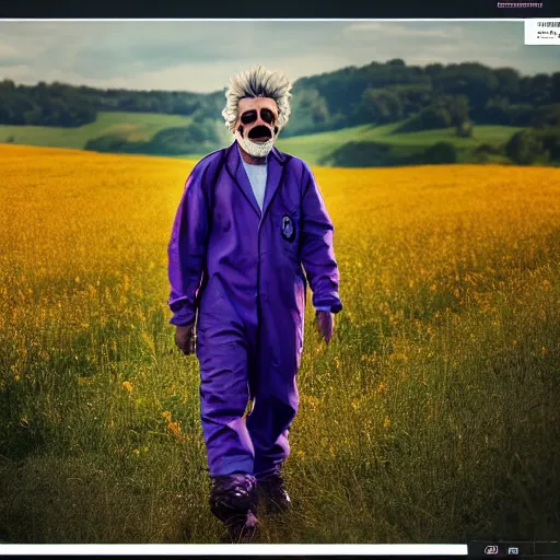 Image similar to rick sanchez in lab suit, face to camera walking in a field. france, dordogne, hills, ultra high, face to camera, detail, 8 k, sunset, flowers, trees, river, hills, octane render.