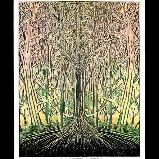 Image similar to a dark forest, colored woodcut, poster art, by Mackintosh, art noveau, by Ernst Haeckel, bright pastel colors