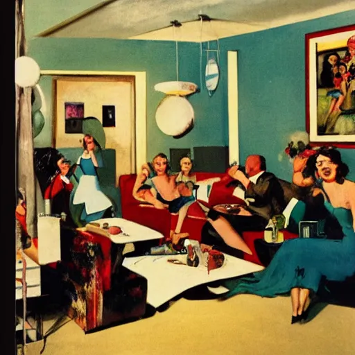 Image similar to dynamic scene of people partying in sunshine living room 1950s, by tom lovell and frank schoonover and dean cornwell