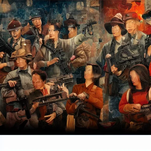 Prompt: a group of people with guns in a room, a jigsaw puzzle by xi gang, cg society, regionalism, sabattier effect, matte background, hellish background