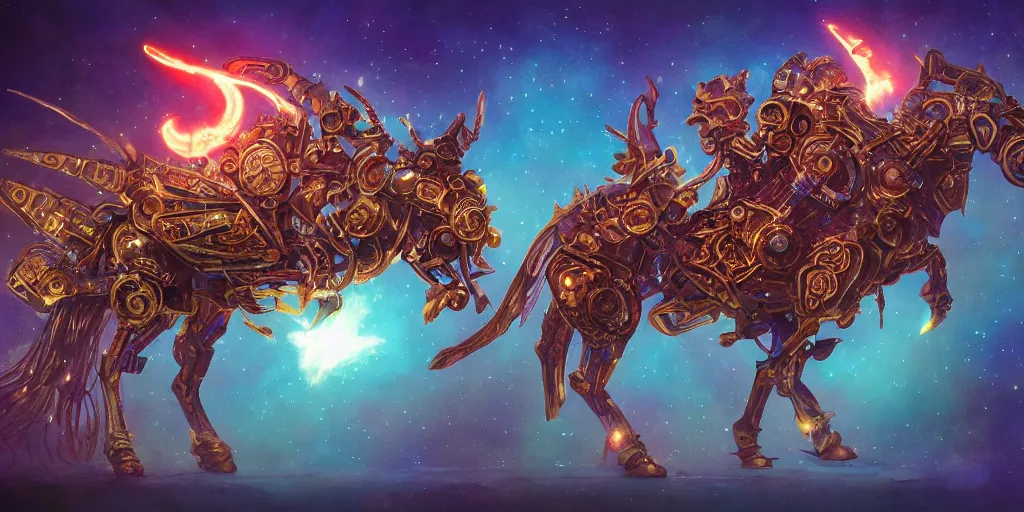 Image similar to cosmic steampunk opal mechanical horse, character design sheet, monster hunter illustrations art book, iridescent, blue flame, neon lights, armored, moebius, greg rutkowski, zabrocki, karlkka, jayison devadas, phuoc quan, trending on artstation, 8 k, ultra wide angle, zenith view, pincushion lens effect.