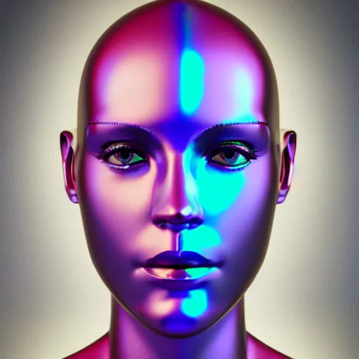 Image similar to 3d render of holographic human robotic head made of glossy iridescent, surrealistic 3d illustration of a human face non-binary, non binary model, 3d model human, cryengine, made of holographic texture, holographic material, holographic rainbow, concept of cyborg and artificial intelligence