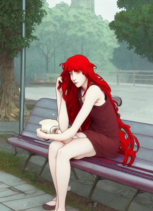 Image similar to pretty young woman with long red hair sitting at a bus stop in the rain, path traced, highly detailed, high quality, digital painting, by studio ghibli and alphonse mucha, leesha hannigan, makoto shinkai, disney