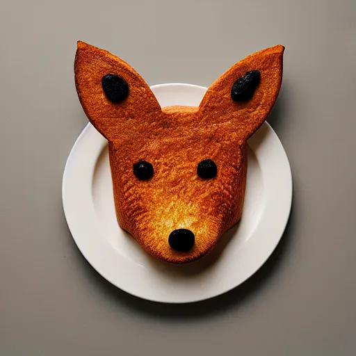 Prompt: studio photography of dinner food in the shape of a fox