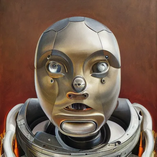 Prompt: high quality high detail painting by lucian freud, hd, portrait of futuristic highly detailed symmetrical robot, photorealistic lighting