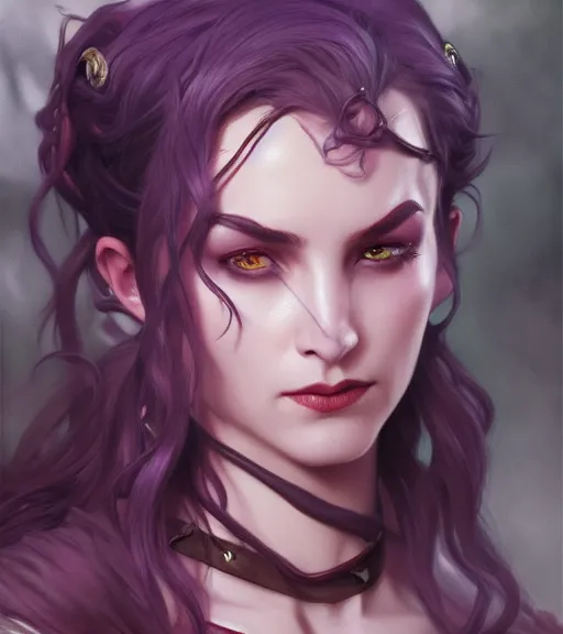 Image similar to Attractive Tiefling Druid, She has light brown skin, dark purple hair, and silver eyes full body, dungeons and dragons portrait, highly detailed, digital painting, artstation, concept art, sharp focus, illustration, art by artgerm and greg rutkowski and alphonse mucha