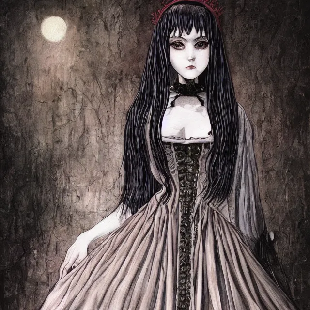 Image similar to a painting of a pale gothic girl in a beautiful dress by junji ito, dark fantasy art, high detail, trending on artstation