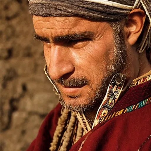 Image similar to Close up of a Kurdish shepherd wearing traditional Kurdish clothes in a movie directed by Christopher Nolan, movie still frame, promotional image, imax 70 mm footage