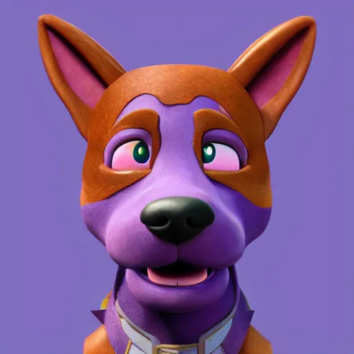 Image similar to an 3d render of a purple dog character, in the style of disney, pixar, mixed media collage, highly detailed, 8k resolution