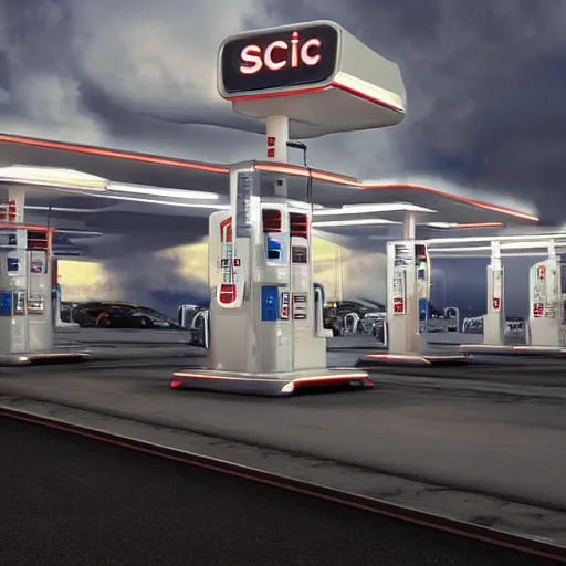 Image similar to sci - fi gas station and glowing white clean sci - fi fission power container, a sense of hope and optimism, hyper realistic, high res, 4 k, harsh light, edouard groult, bynde, kirill leonov, isaac zuren