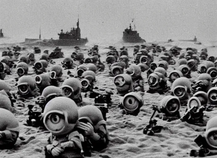 Image similar to despicable me minions storming the beaches of Normandy on d-day, world war 2 old photo, grainy