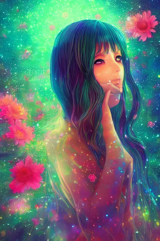 Image similar to psychedelic, whimsical, anime, 4k, beautiful intimate woman with professional makeup, long trippy hair, a crystal and flower dress, bathing in a reflective pond, underneath the stars, rainbow fireflies, trending on patreon, deviantart, twitter, artstation, volumetric lighting, heavy contrast, art style of Ross Tran and Ilya Kuvshinov