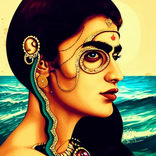 Image similar to portrait of pakistani woman :: side profile :: in ocean :: clockwork details :: gold :: blood and horror :: by vikings and Sandra Chevrier