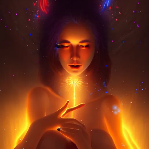 Prompt: mystical female creature with glowing energies and particals, surrounded by spirits, gloomy cinematic lighting, highly detailed, illustrated novel