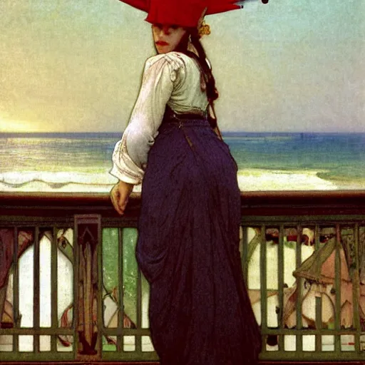 Prompt: A girl with jester hat and clothes on the front of a Balustrade with a beach on the background, major arcana clothes, by paul delaroche, alphonse mucha and arnold böcklin arnold böcklin hyperrealistic 8k, very detailed