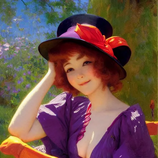 Image similar to a detailed portrait of a cute anime girl on swing, wearing a purple and red dress, wearing a orange hat, smiling coy, painting by gaston bussiere, craig mullins, j. c. leyendecker