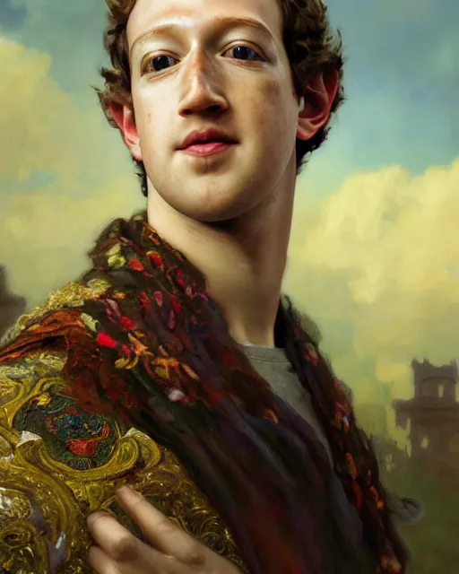 Prompt: a beautiful intricate exquisite imaginative exciting northern classical close up portrait of mark zuckerberg sitting with elegant looks, ornate flowing robe, magical intricate and holy by ruan jia, tom bagshaw, alphonse mucha, krenz cushart, beautiful palace ruins in the background, epic sky, vray render, artstation, deviantart, pinterest, 5 0 0 px models