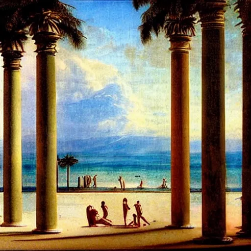 Image similar to Giant columns palace, thunderstorm, greek pool, beach and palm trees on the background major arcana sky, by paul delaroche, magazine photo from 2007, hyperrealistic 8k, very detailed