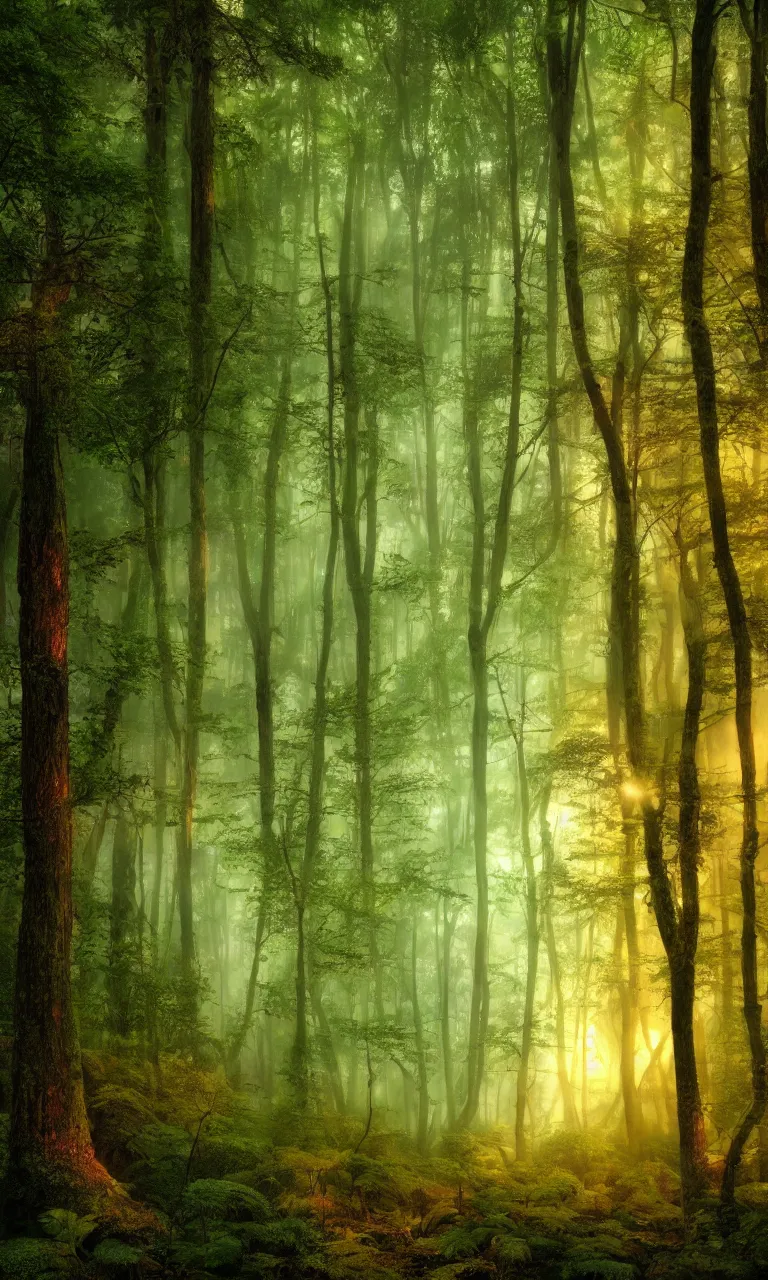 Prompt: photograph of a dense mystic forest, mystic hues, breathtaking lights shining, psychedelic fern, tyndall effect, lantern fly, dense forest, foggy, 4k, HDR, Acid Pixie, by thomas kinkade