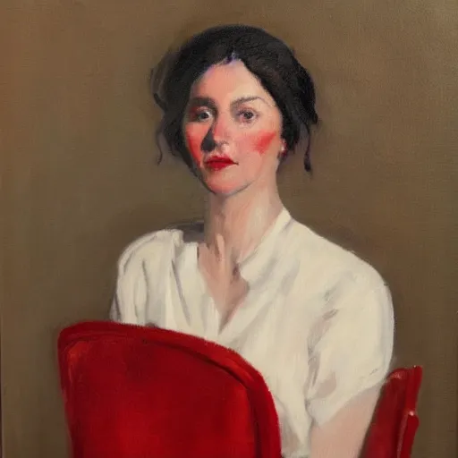 Prompt: portrait of a woman wearing white and red, oil painting by robert gunn.