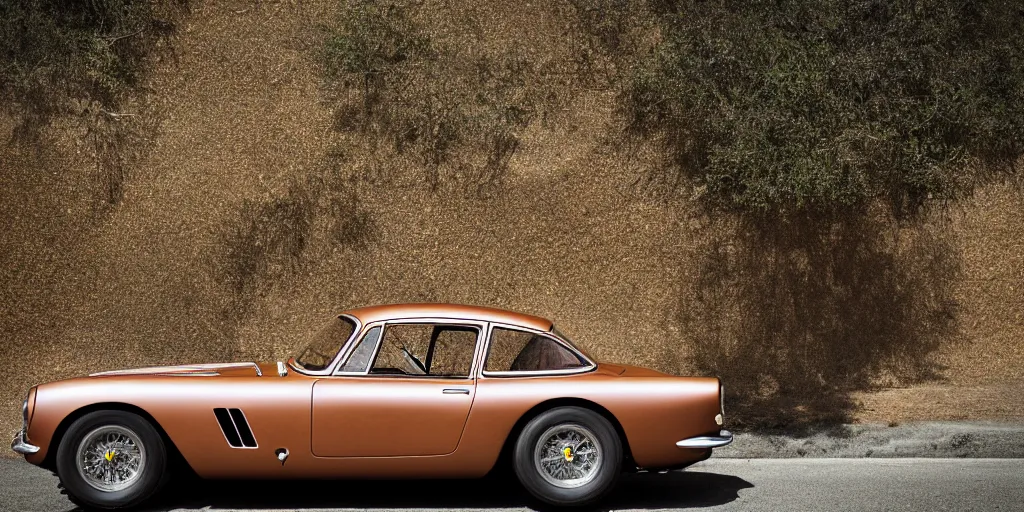 Prompt: photograph, 1958 FERRARI 250 GT, copper paint, by Peter Singhof, press release, cinematic, malibu canyon, 8k, depth of field, bokeh. rule of thirds