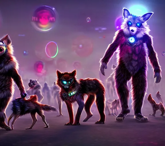 Image similar to high - resolution photograph from a biopunk era furry fandom convention ( midwest furfest 2 0 4 7 ), taking place after the genetic revolution and quantum singularity. photorealistic.