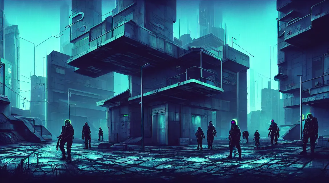 Image similar to post - apocalyptic police station, building, paved roads, sci - fi art, highly detailed photography, trending on artstation, hyperrealistic, human silhouettes, cyberpunk, environment artist, dystopian, science fiction, synthwave neon retro, concrete, vivid colors