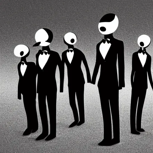 Prompt: a group of faceless humans with long limbs wearing tuxedos