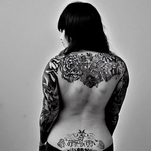 Prompt: fat girl, long hair, tattooed, photo