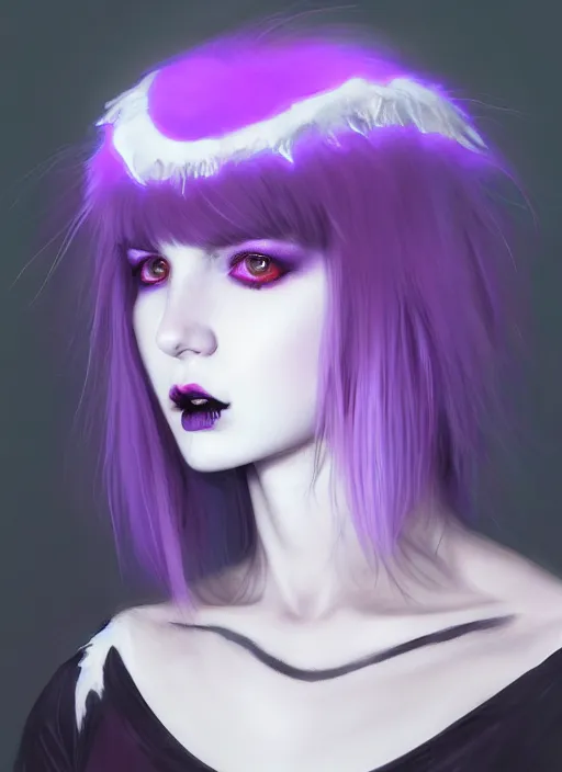 Image similar to portrait of white teenage girl, normal face, white bangs, mall goth, cyberlox, black and white hair, bangs, fluffy bangs, red contact lenses, purple lipstick, intricate, elegant, highly detailed, digital painting, artstation, concept art, sharp focus, smooth, illustration, art by wlop, mars ravelo and greg rutkowski