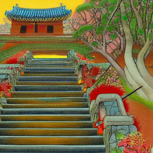 Image similar to stairs in Style of korean traditional folktale painting by Shin Yun-bok; Sin Yun-bok ; 8k resolution