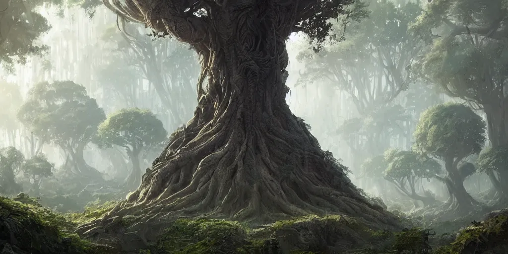 Prompt: a vast ancient tree city, greg rutkowski, 8 k, shallow depth of field, intricate detail, concept art,