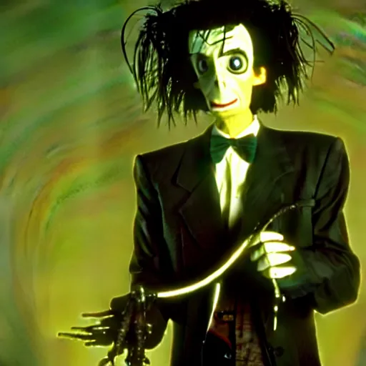 Prompt: mr. bean as edward scissorhands. movie still. cinematic lighting.