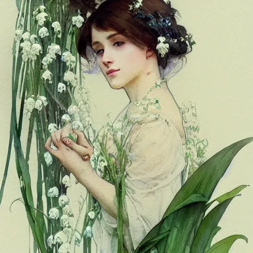 Prompt: a beautifull intricate watercolor painting of lily of the valley, reflexions, verry high details by william turner art, greg rutkowski and alphonse mucha, trending on artstation, very very detailed, masterpiece, - h 7 0 4