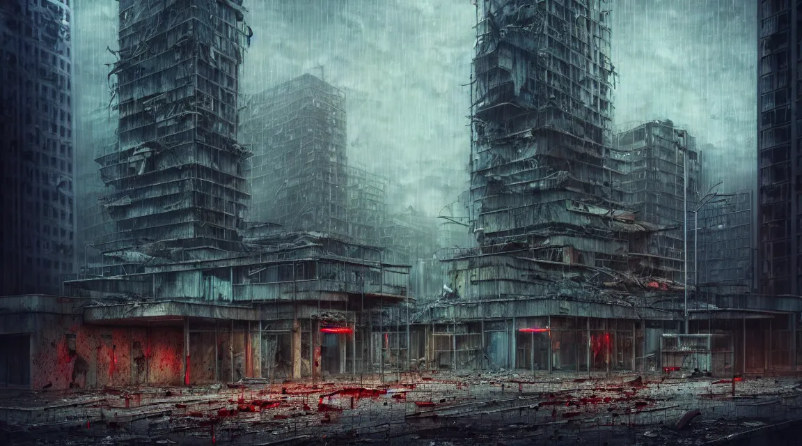 Prompt: post apocalyptic city building, raining, building, avenue, modern contemporary urban americana concrete architecture, by pascal blanche, neil blevins, apocalyptic color palette, trending on artstation, photorealistic, neon ambiance, ultra detailed, high definition, depth of field, bokeh, rubble, wild vegetation, blood stains, building crumbling, post - apocalyptic warriors