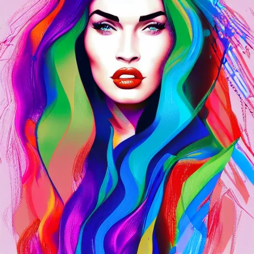 Prompt: megan fox colourful portrait by arunas kacinskas and mallory heyer, geometrical shapes and lines and small detailes, graphic design, sketch, minimalistic, procreate, digital illustration, vector illustration, doodle, applepencil, pop, graphic, street art