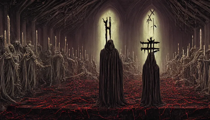 Image similar to a dark rotting alien priest conducts a ceremony, alien church, blood, crosses, religion, death, fear, horror, ultra realistic, hyperrealism, fine details, detailed and intricate environment, by barlowe, by wayne, by gigger, 4 k