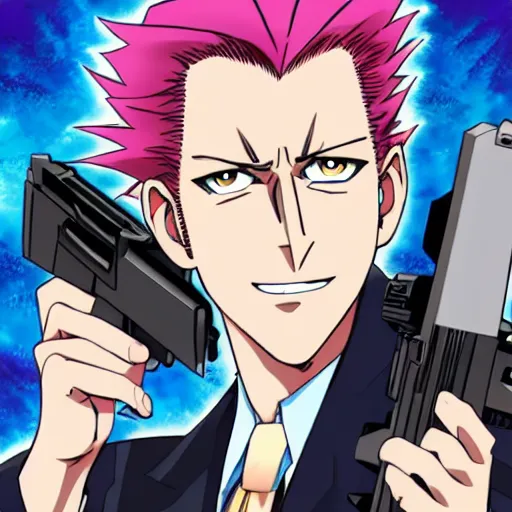 Image similar to kira yoshikage with a gun, high quality anime art