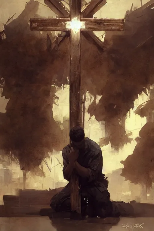 Image similar to man kneeling at the foot of a wooden cross, dramatic lighting art by Yoji Shinkawa by Richard Schmid by greg rutkowski by Sandra Chevrier by Jeremy Lipking cinematic dramatic, by frank miller, illustration by Ruan Jia and Mandy Jurgens and William-Adolphe Bouguereau, Artgerm, 4k, digital art, surreal, space dandy style, highly detailed, godsend, artstation, digital painting, concept art, smooth, sharp focus, illustration by Ruan Jia and Mandy Jurgens and William-Adolphe Bouguereau, Artgerm