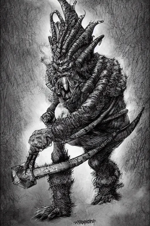 Image similar to hunched troll with a horn on his head, fantasy, highly detailed, digital art, sharp focus, trending on art station, kentaro miura manga art style